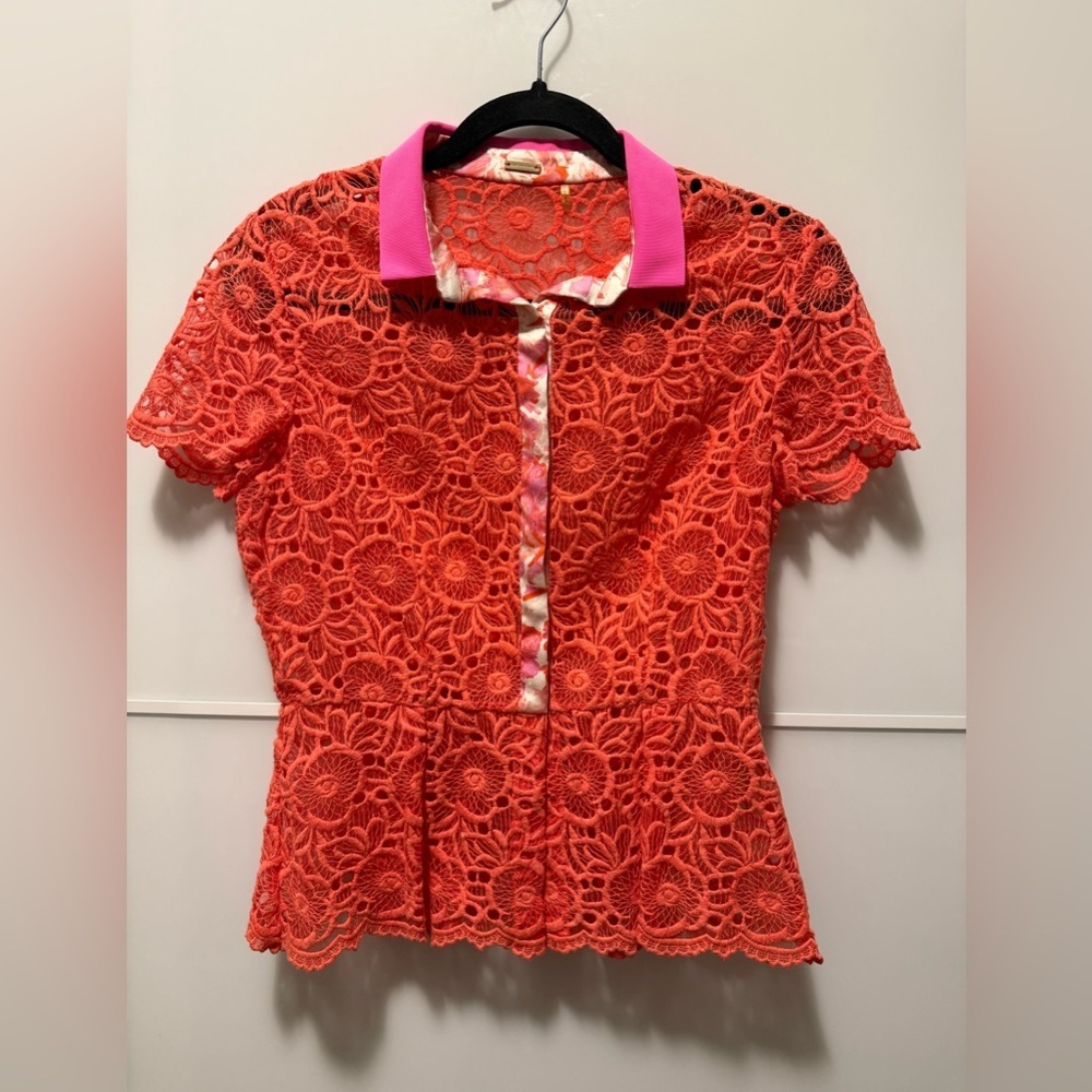 Elie Tahari Neon Orange Lace Blouse with Pink Collar